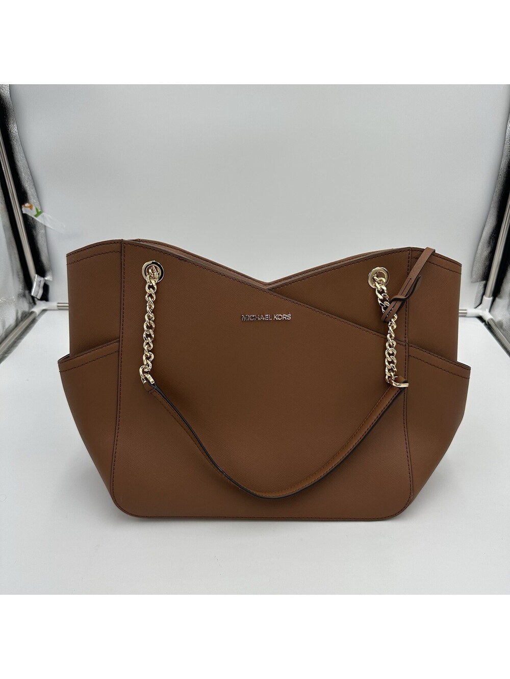 NWT Michael Kors Jet Set Travel Large Leather Chain Shoulder Tote Brown MSR $428